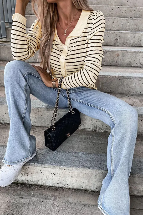 Cocoa Casual Striped Button Stretch knit Top