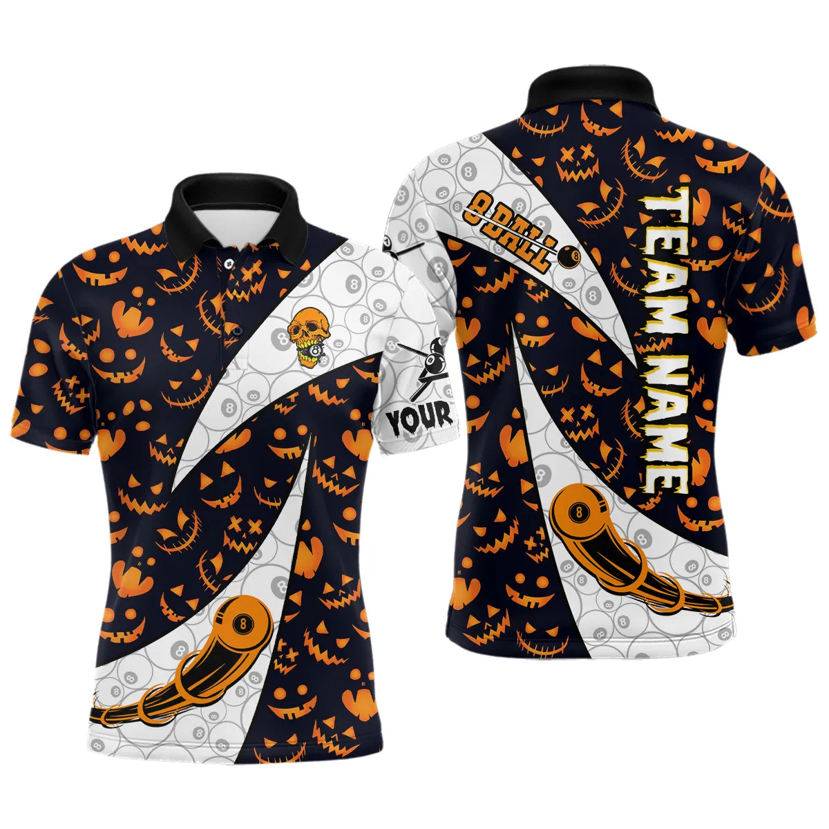 Custom Pumpkin Pattern Halloween Billiard Men's Shirts Best Halloween Long Sleeve Polo Shirts