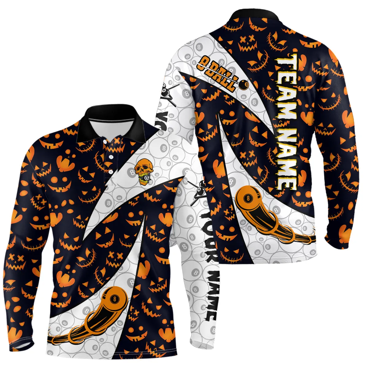 Custom Pumpkin Pattern Halloween Billiard Men's Shirts Best Halloween Long Sleeve Polo Shirts