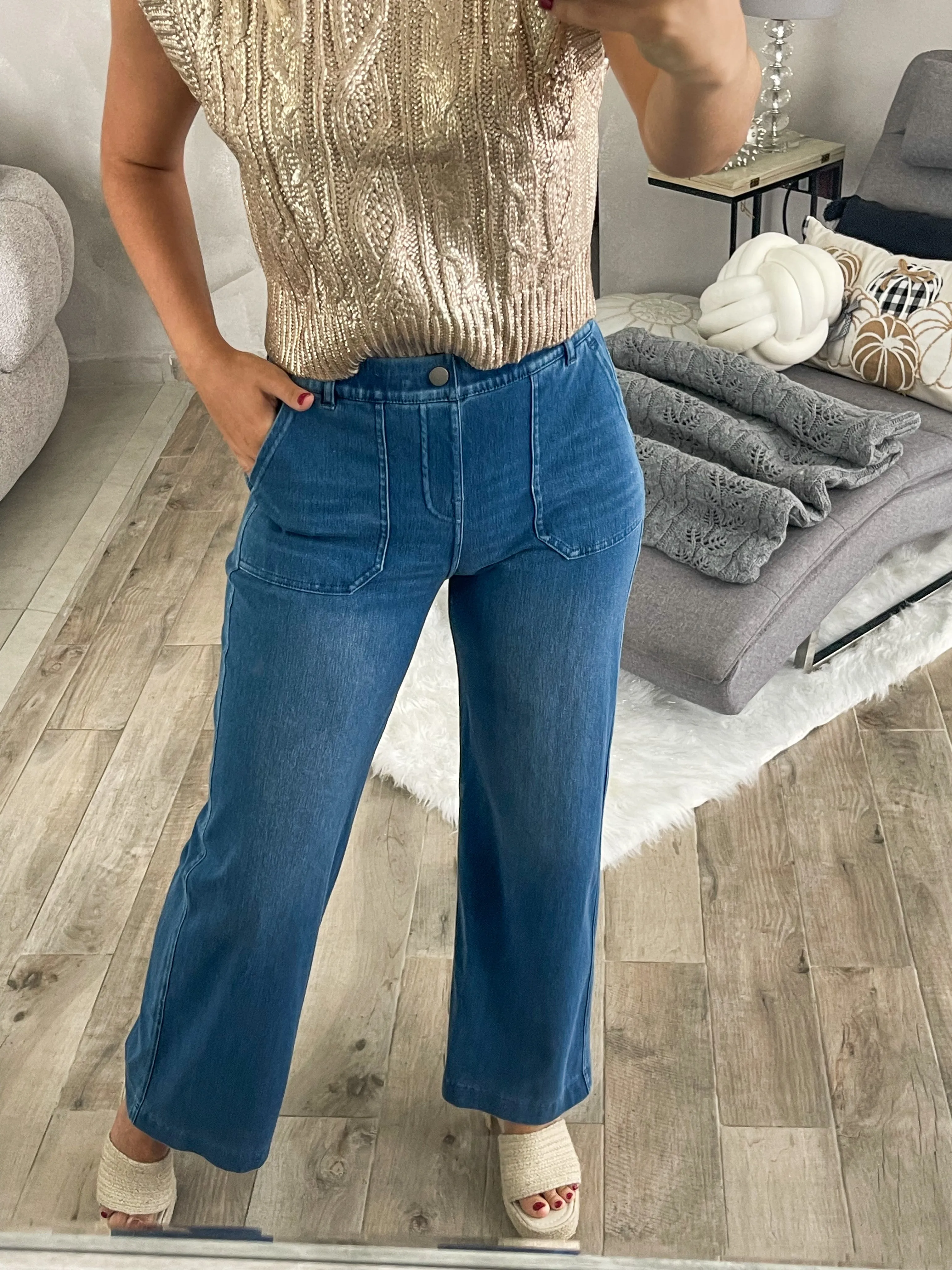 DENIM STRETCHY WIDE LEG PANT