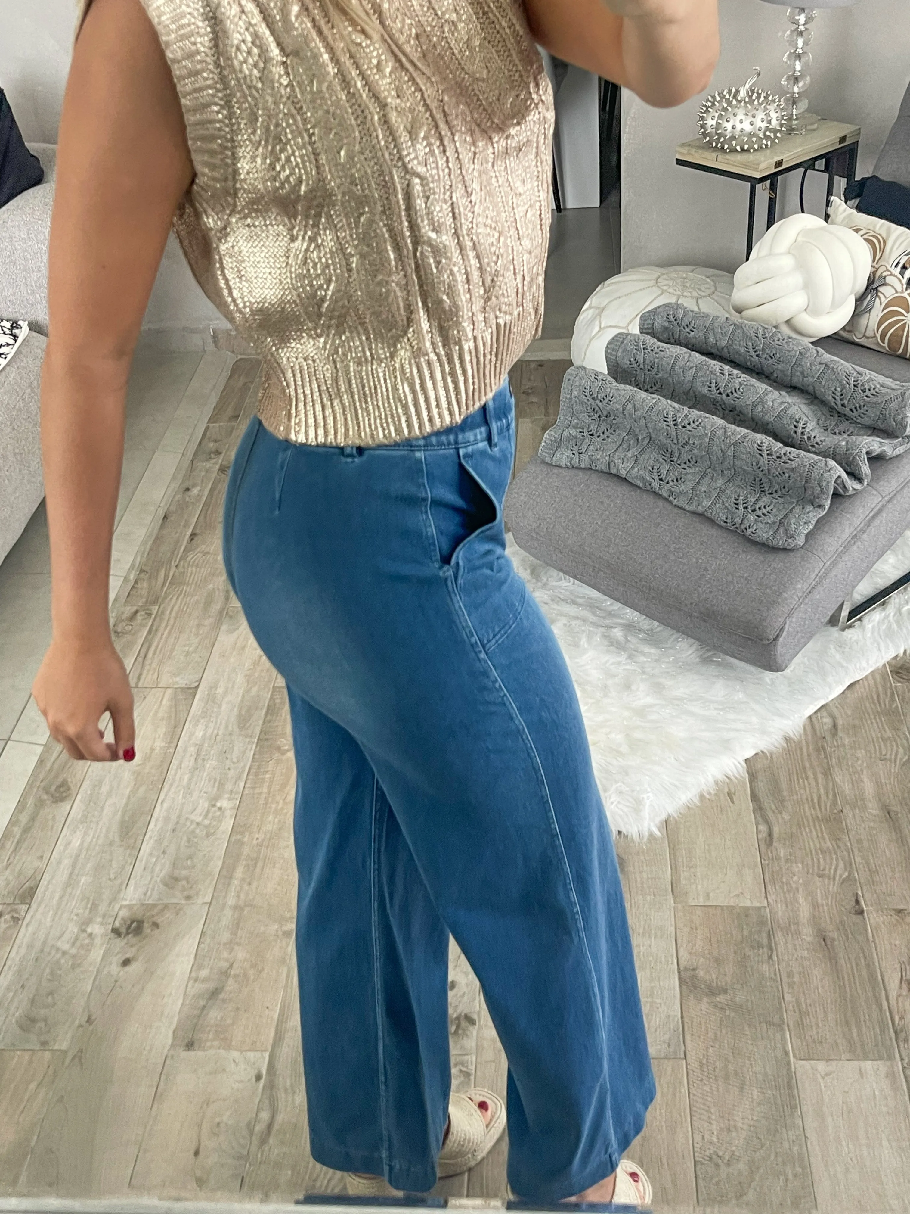 DENIM STRETCHY WIDE LEG PANT