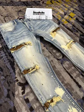 DENIMiCITY Zombie Brown Ripped Bleached Vintage Wash Denim (DNM-K116)
