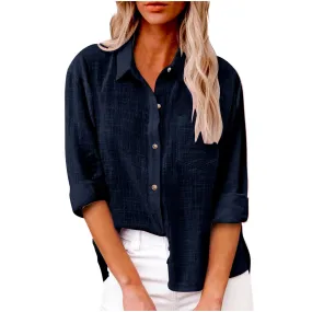 Dressy Tops for Women, Long Sleeve Shirts for Women Fall Cotton Linen Tops Blouses Casual Button Down T Shirts Lightweight Cardigans with Pocket Fashion 2024 Workout Tank Tops for Women B-navy