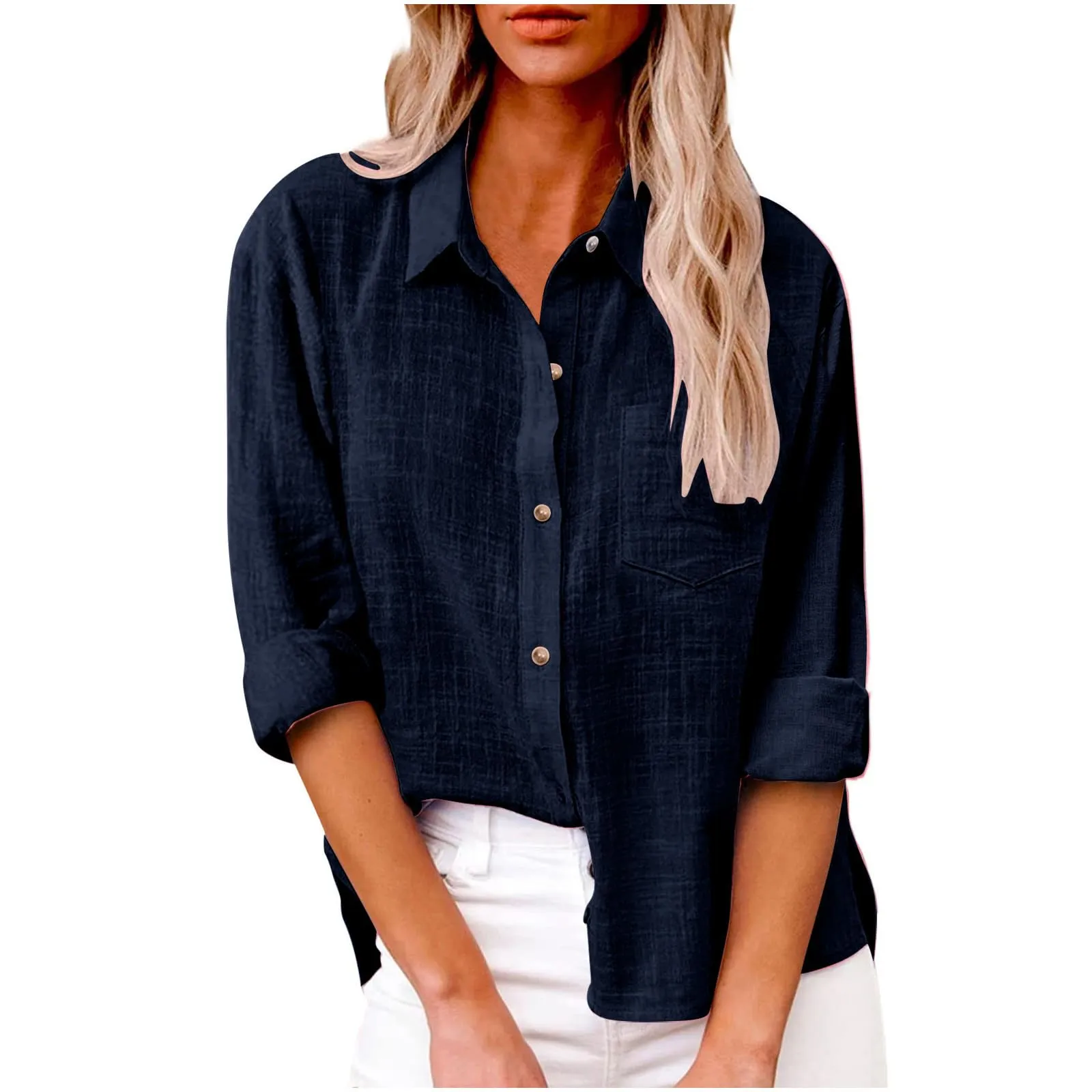 Dressy Tops for Women, Long Sleeve Shirts for Women Fall Cotton Linen Tops Blouses Casual Button Down T Shirts Lightweight Cardigans with Pocket Fashion 2024 Workout Tank Tops for Women B-navy