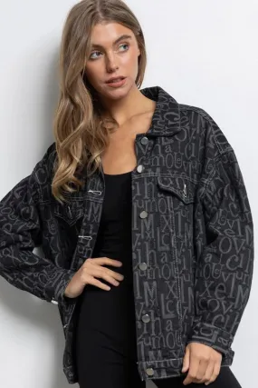 Embossed Alphabet Design Oversized Denim Jacket Black