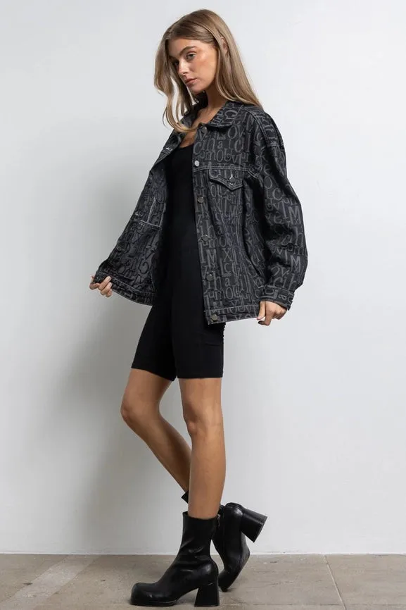 Embossed Alphabet Design Oversized Denim Jacket Black