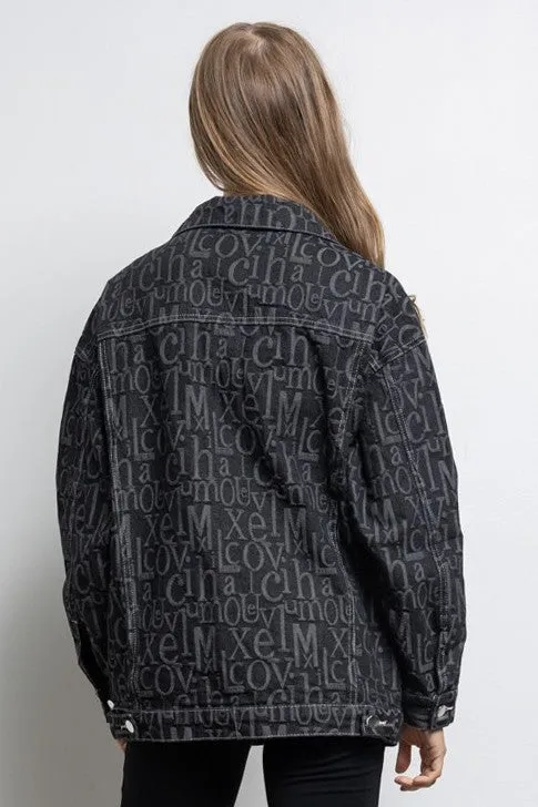 Embossed Alphabet Design Oversized Denim Jacket Black