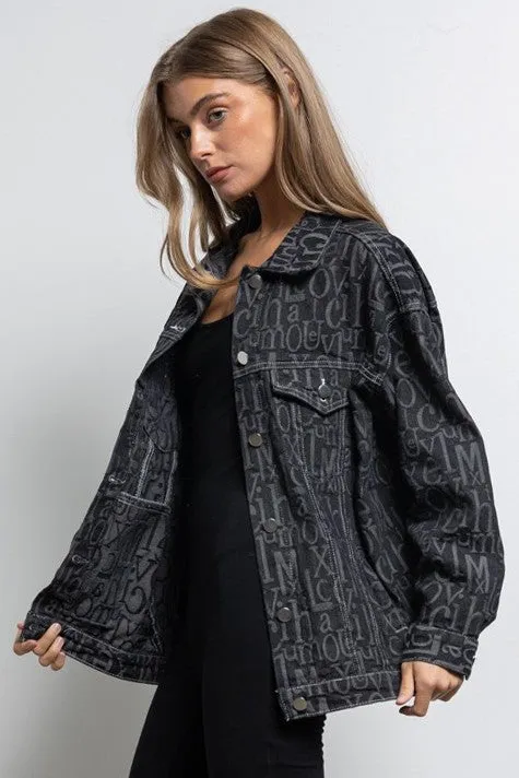 Embossed Alphabet Design Oversized Denim Jacket Black
