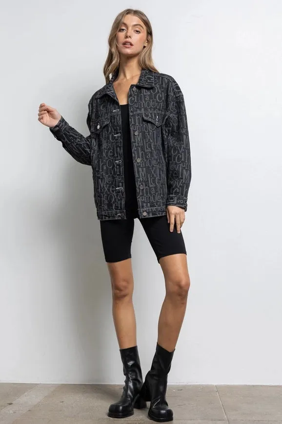 Embossed Alphabet Design Oversized Denim Jacket Black