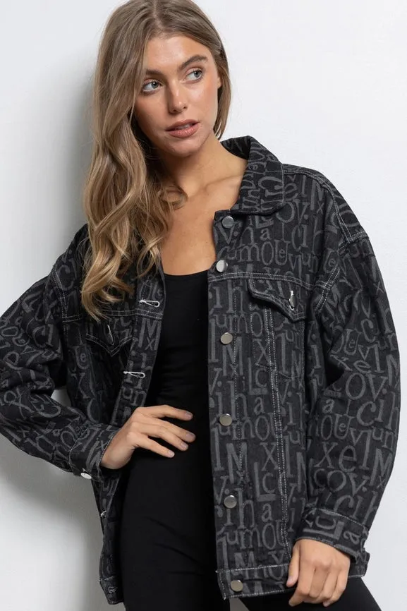 Embossed Alphabet Design Oversized Denim Jacket Black