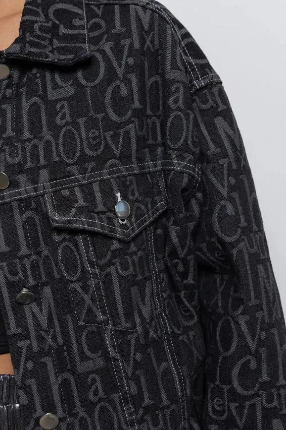 Embossed Alphabet Design Oversized Denim Jacket Black