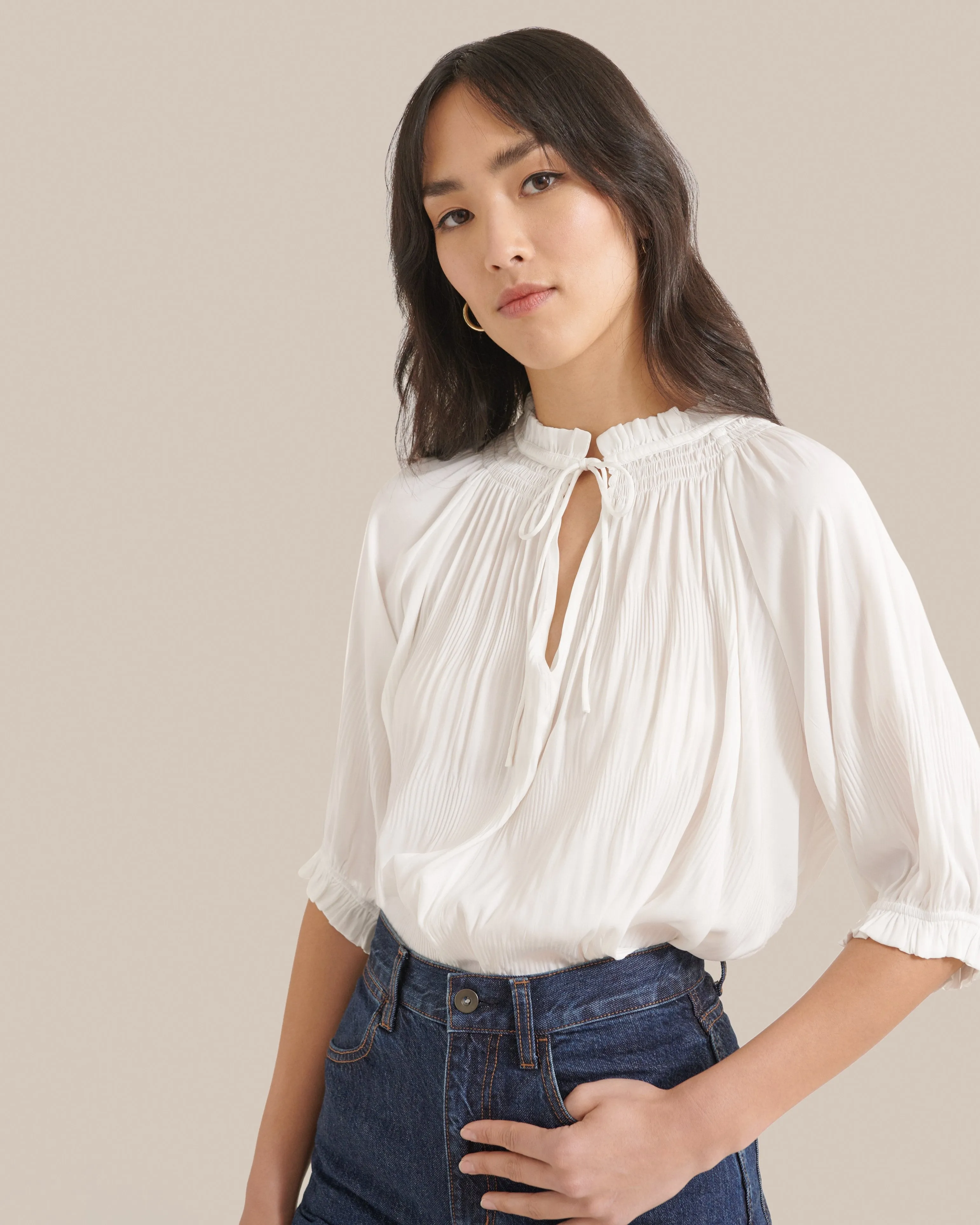 Gabrielle Ruched-Sleeve Blouse