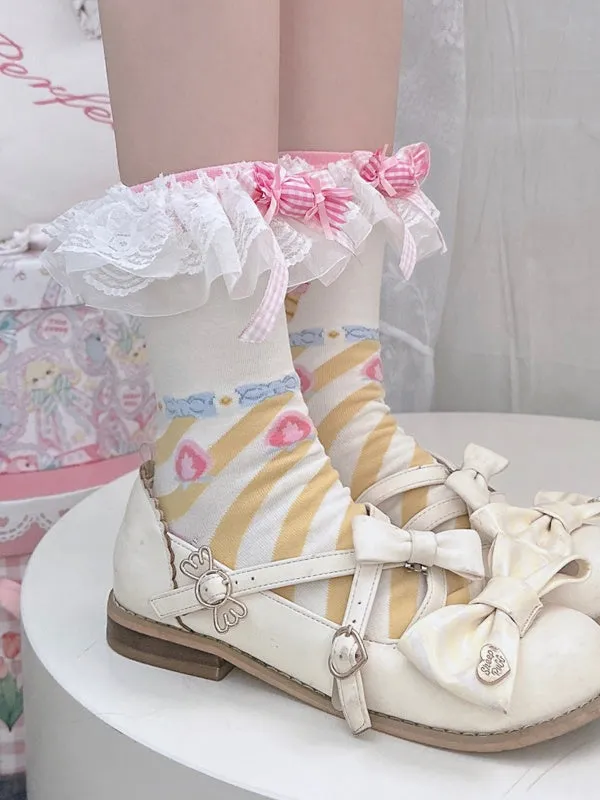 Pink&Yellow Sweet Lolita Bowknot Striped Pattern Calf Socks