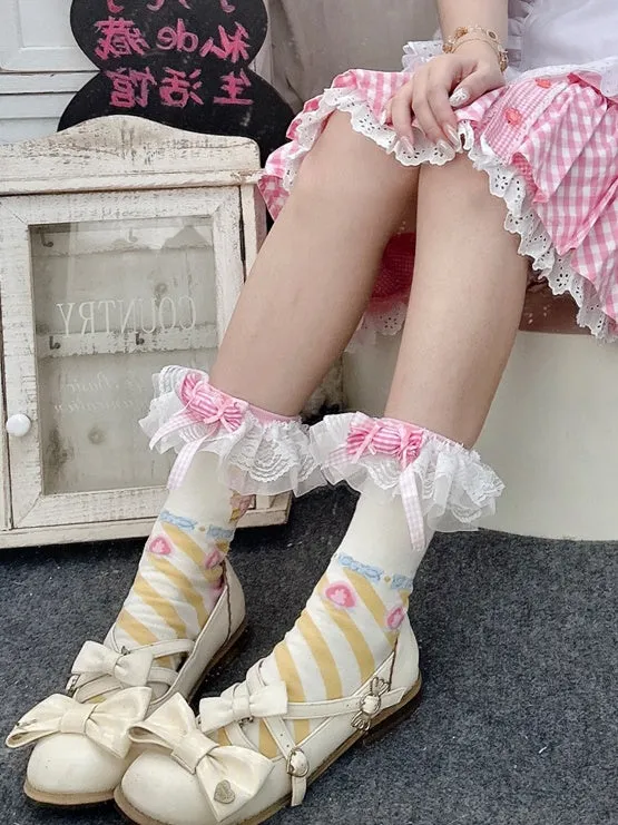 Pink&Yellow Sweet Lolita Bowknot Striped Pattern Calf Socks