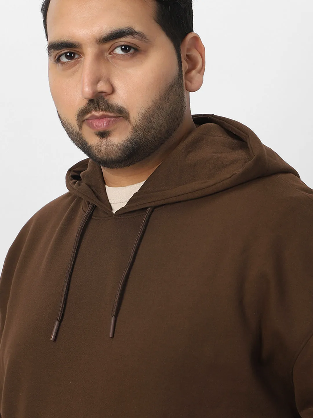 Plus Men's Chocolate Brown Cotton Solid Oversized Hooded Neck Sweatshirt