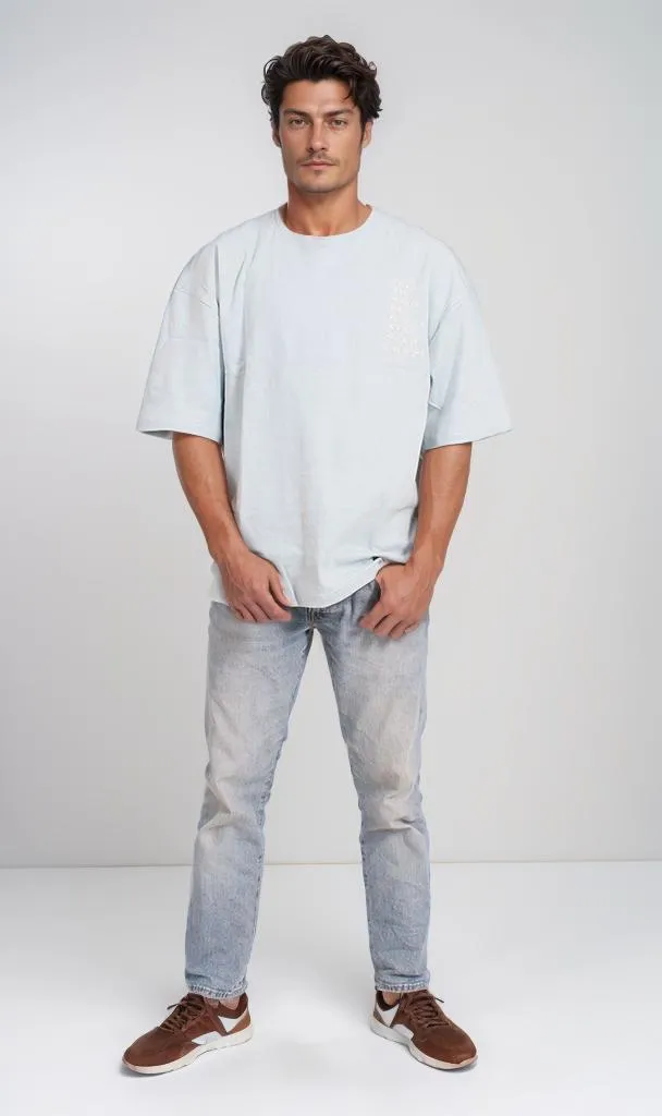 R205838 - Minimalist Typography T-Shirt  Light Blue