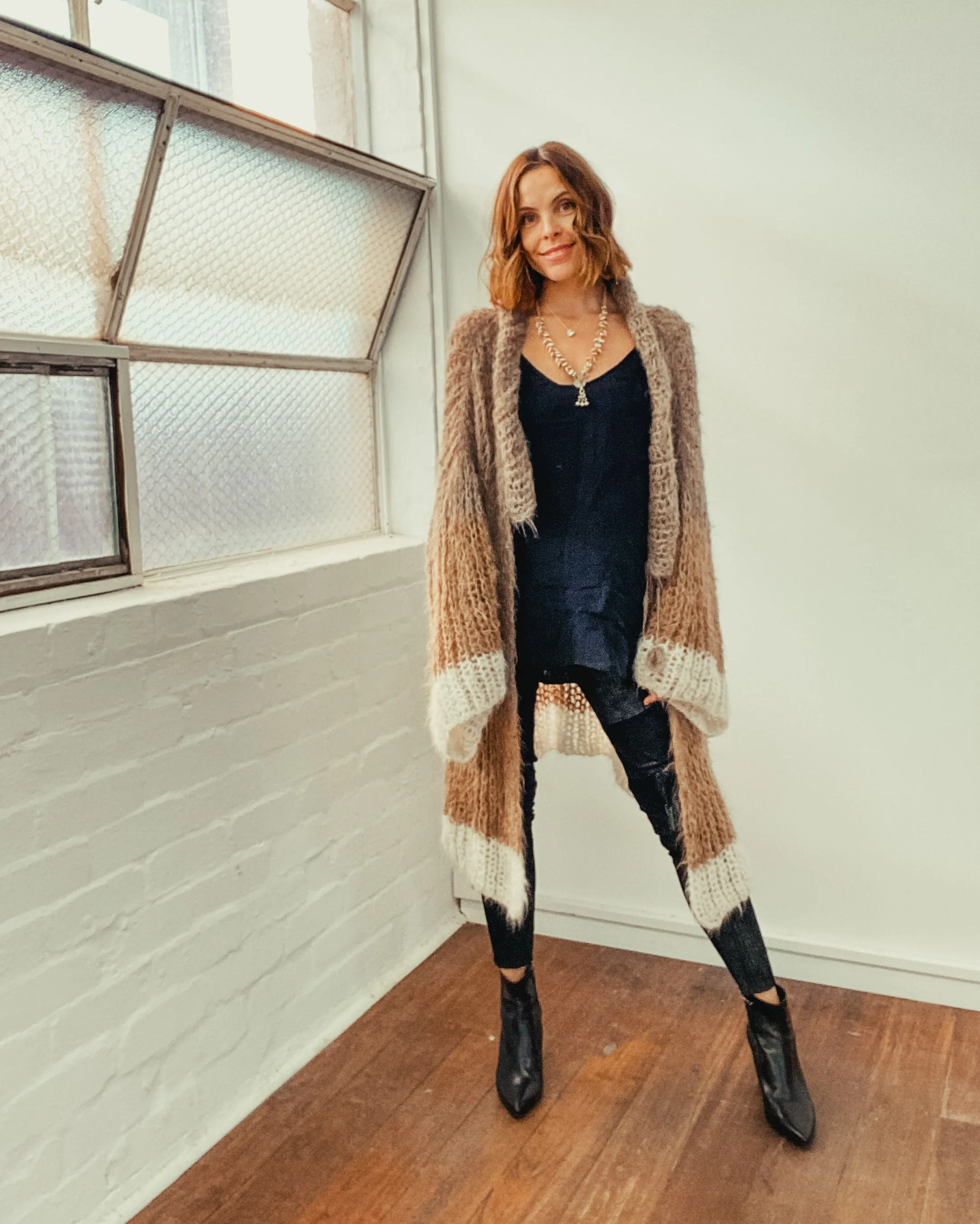 Shawl collar handknit cardigan - tri colour light