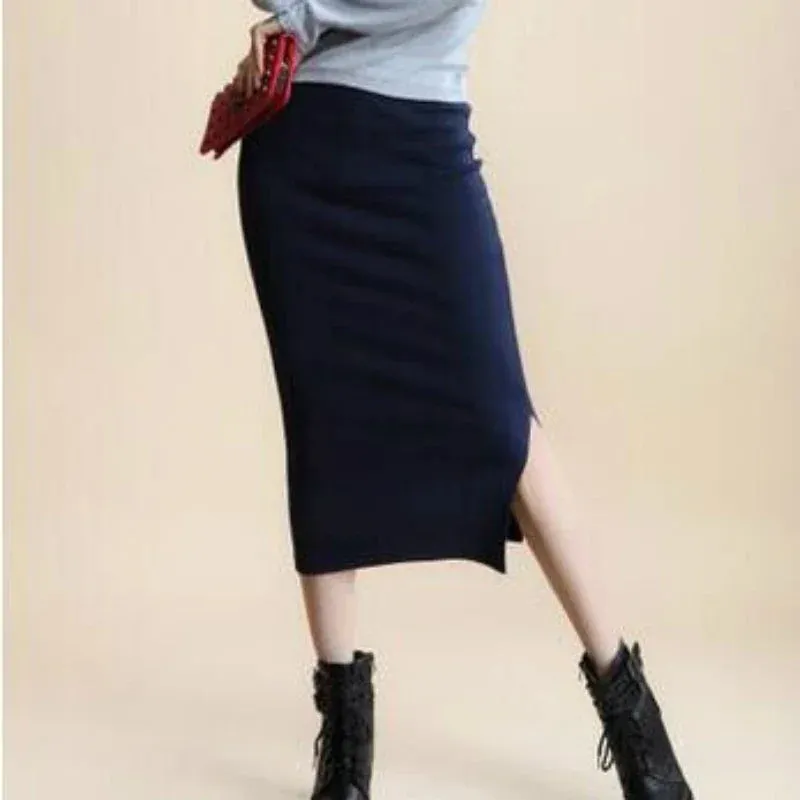 Summer Women Black Skirts Sexy Chic Pencil Skirts Slim Fit Faldas Rib Knit Long Hip Split Waist Skirt