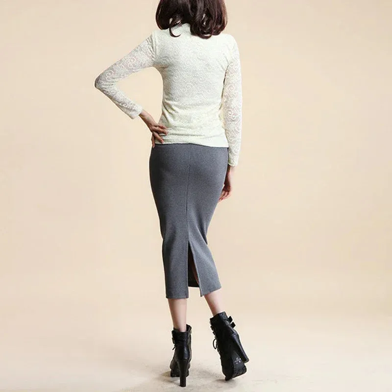 Summer Women Black Skirts Sexy Chic Pencil Skirts Slim Fit Faldas Rib Knit Long Hip Split Waist Skirt