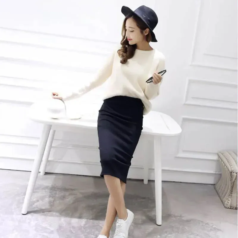 Summer Women Black Skirts Sexy Chic Pencil Skirts Slim Fit Faldas Rib Knit Long Hip Split Waist Skirt