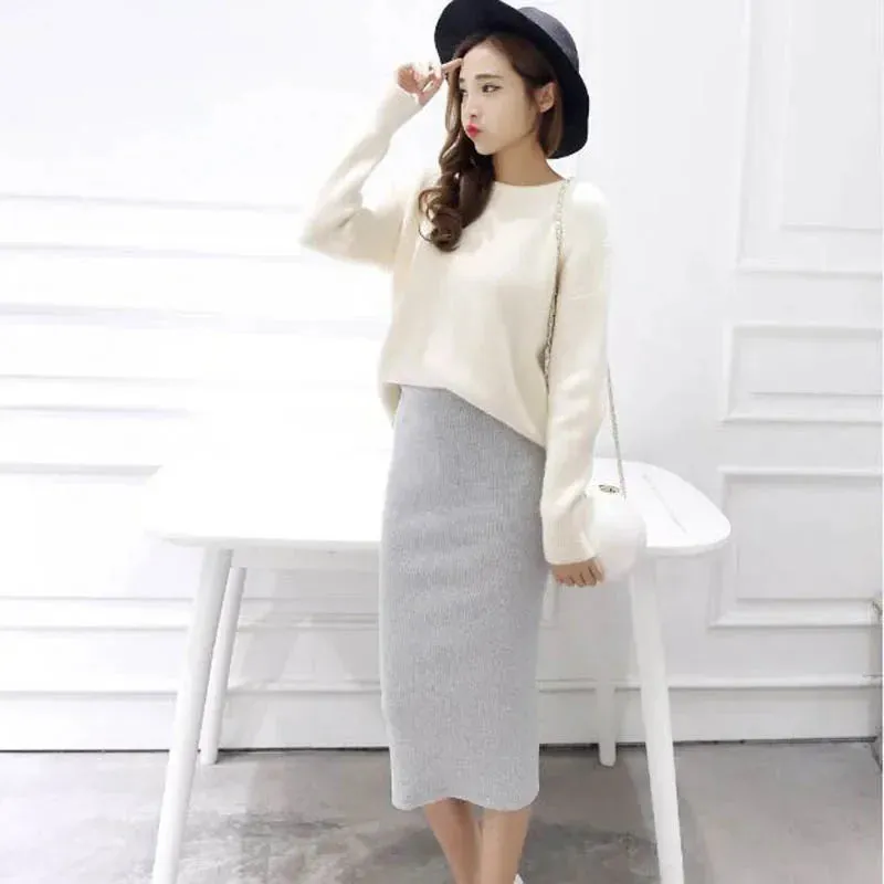 Summer Women Black Skirts Sexy Chic Pencil Skirts Slim Fit Faldas Rib Knit Long Hip Split Waist Skirt