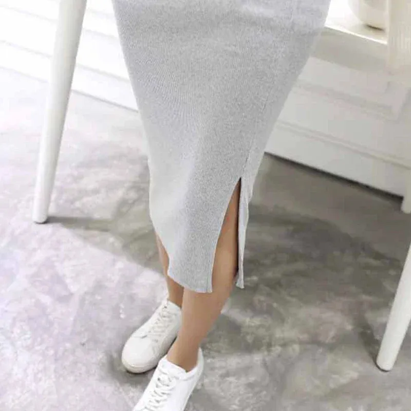 Summer Women Black Skirts Sexy Chic Pencil Skirts Slim Fit Faldas Rib Knit Long Hip Split Waist Skirt