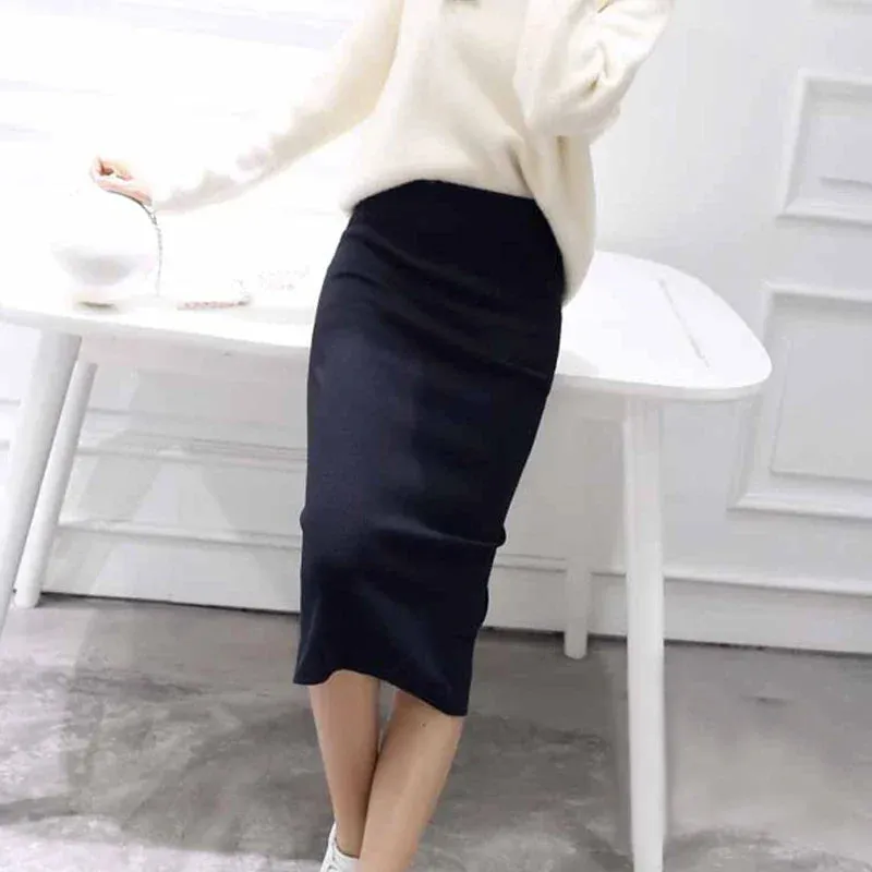 Summer Women Black Skirts Sexy Chic Pencil Skirts Slim Fit Faldas Rib Knit Long Hip Split Waist Skirt
