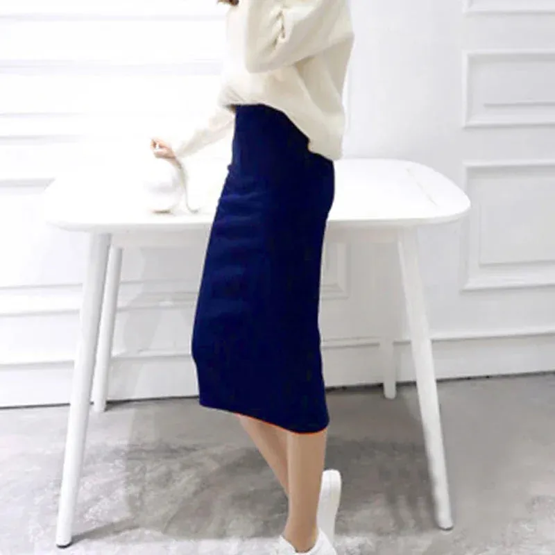 Summer Women Black Skirts Sexy Chic Pencil Skirts Slim Fit Faldas Rib Knit Long Hip Split Waist Skirt