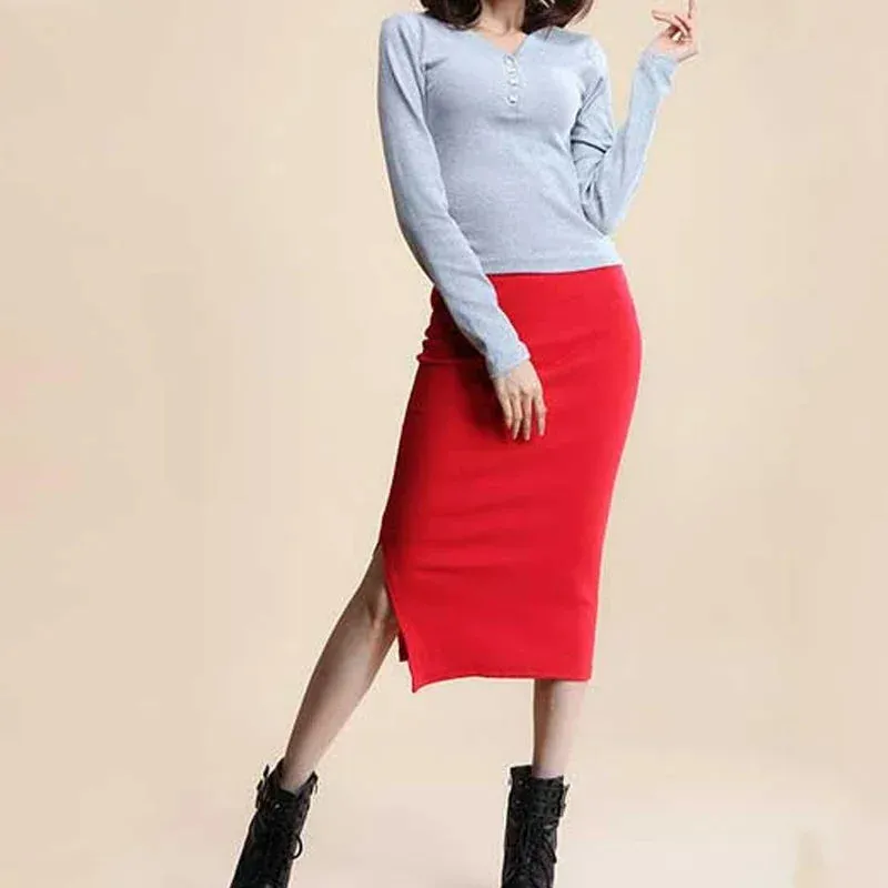 Summer Women Black Skirts Sexy Chic Pencil Skirts Slim Fit Faldas Rib Knit Long Hip Split Waist Skirt