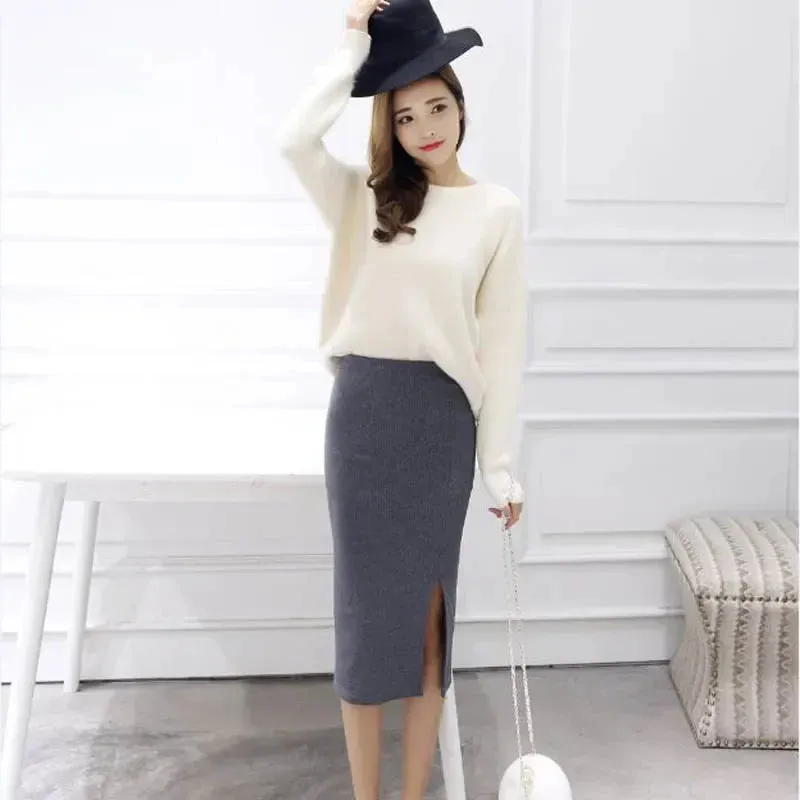 Summer Women Black Skirts Sexy Chic Pencil Skirts Slim Fit Faldas Rib Knit Long Hip Split Waist Skirt