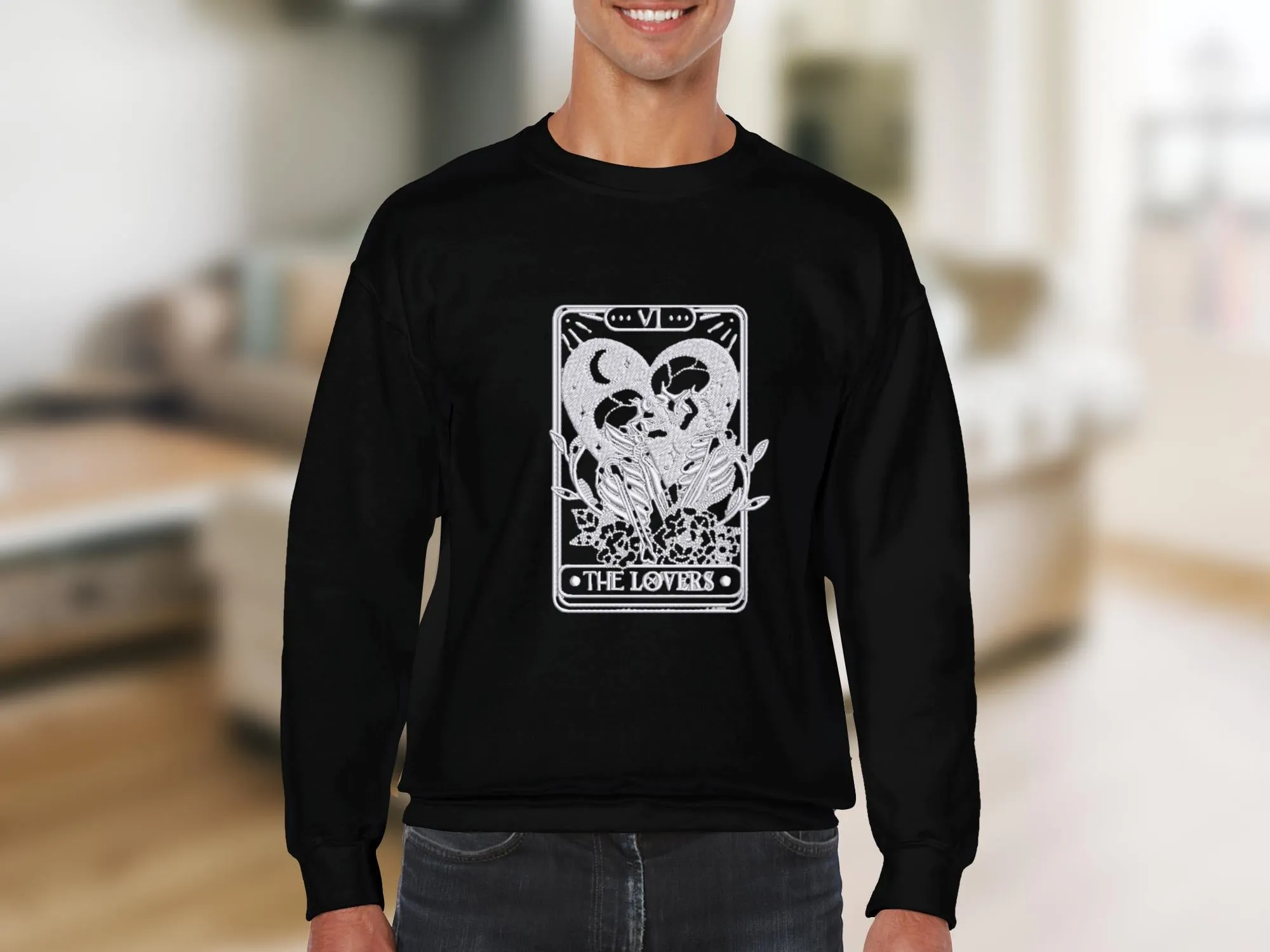 Tarot Card Lovers Design Sweatshirt, Gothic Skeleton Love Print, Unisex Cozy Sweatshirt, Unique Graphic Top, Perfect Gift Idea