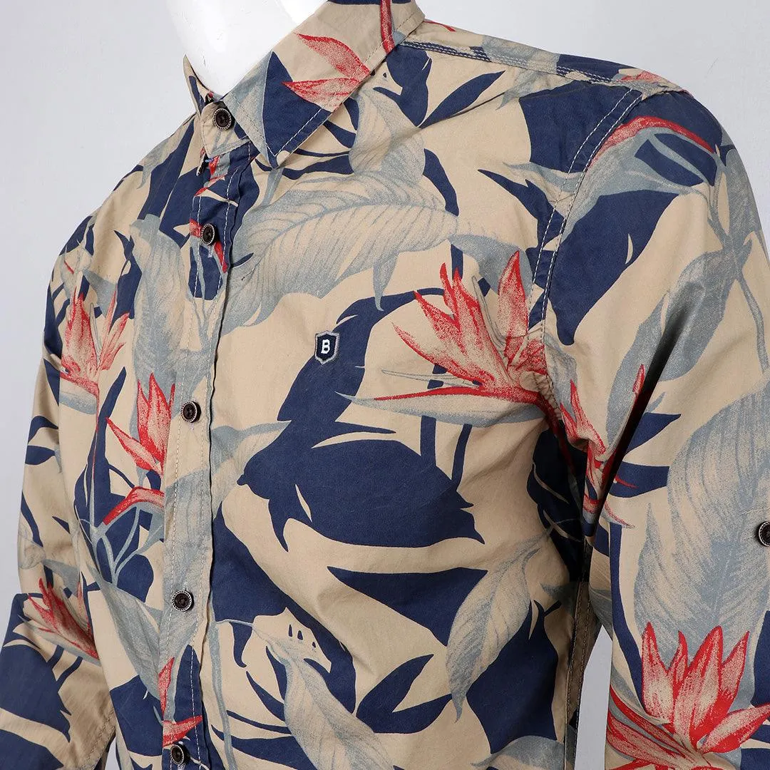 Vintage Floral flower Printed Long Sleeve Slim Fit Button Up Shirt