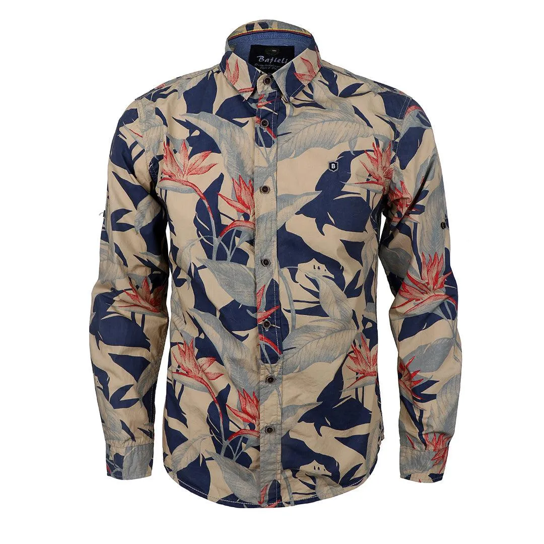 Vintage Floral flower Printed Long Sleeve Slim Fit Button Up Shirt