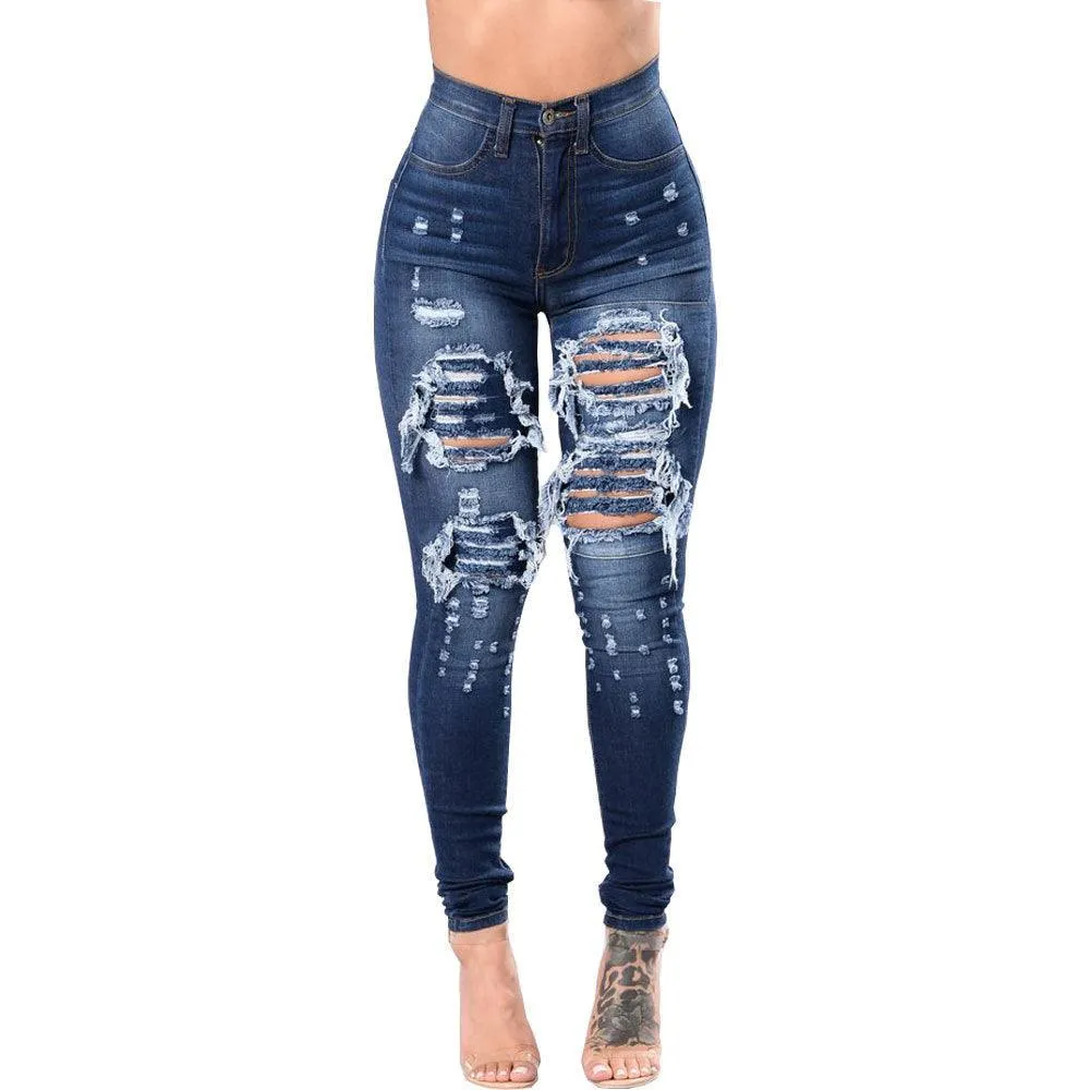 Women's Ripped and Washed Denim Pants