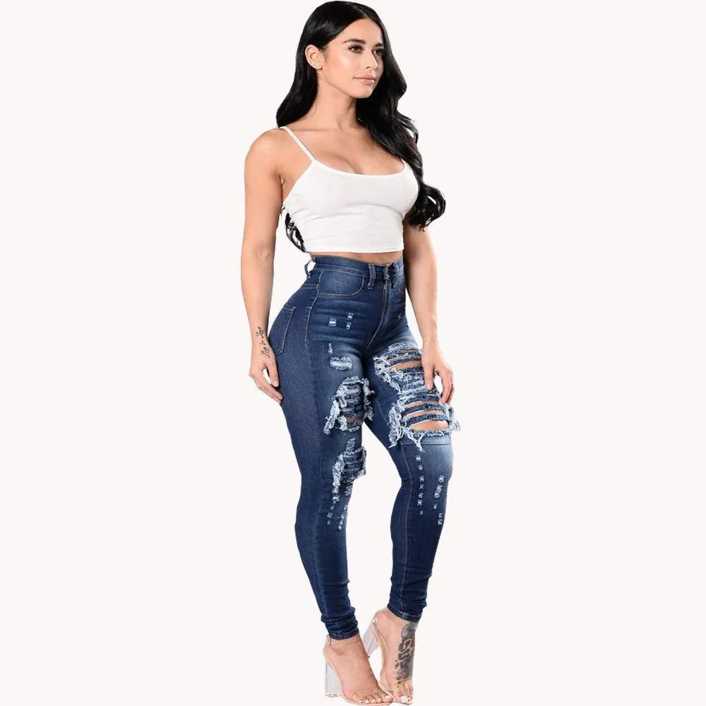 Women's Ripped and Washed Denim Pants