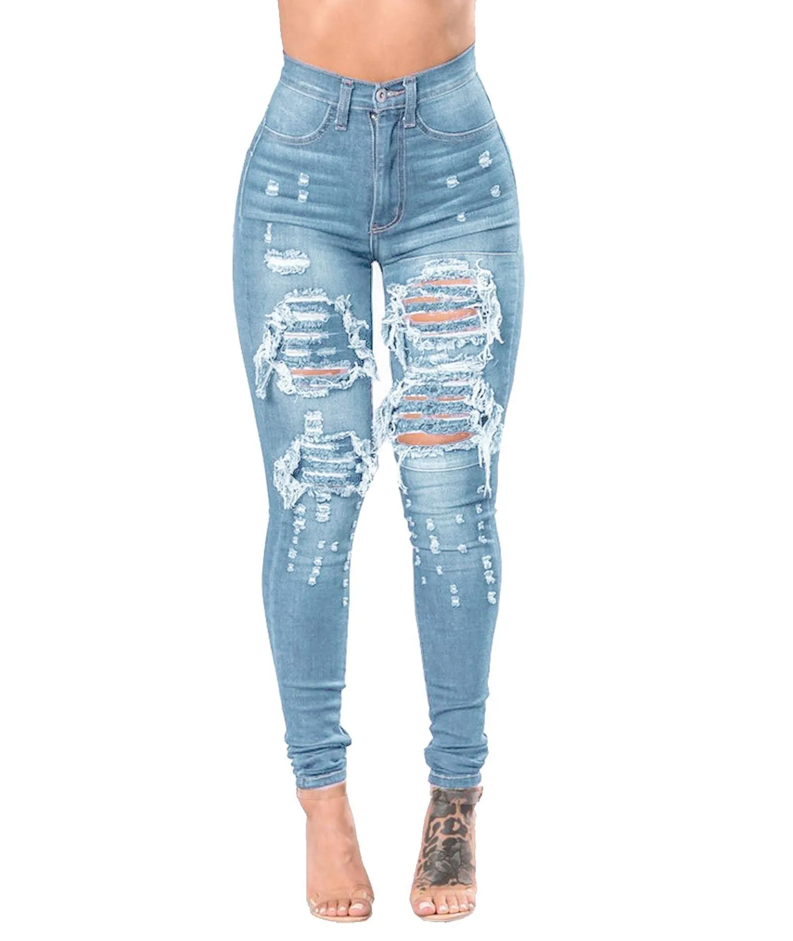 Women's Ripped and Washed Denim Pants