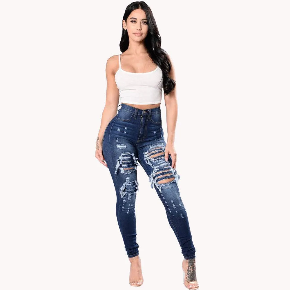 Women's Ripped and Washed Denim Pants