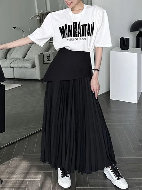 xakxx A-Line Loose Contrast Color Pleated Split-Joint Skirts Bottoms