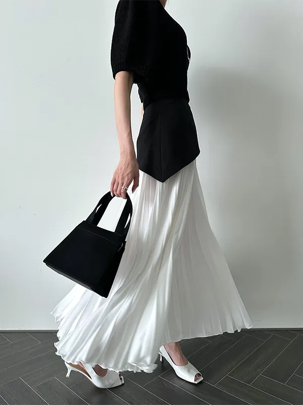 xakxx A-Line Loose Contrast Color Pleated Split-Joint Skirts Bottoms