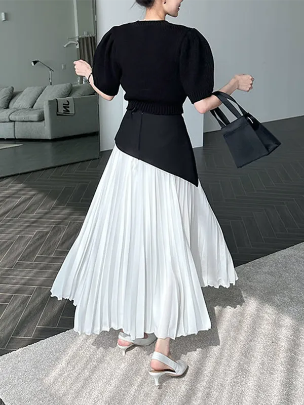 xakxx A-Line Loose Contrast Color Pleated Split-Joint Skirts Bottoms