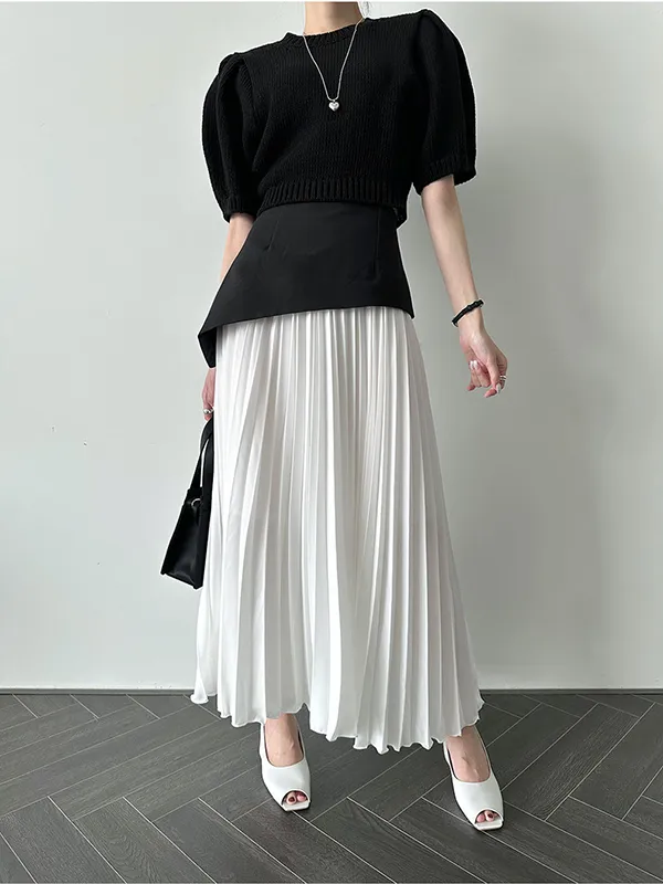 xakxx A-Line Loose Contrast Color Pleated Split-Joint Skirts Bottoms