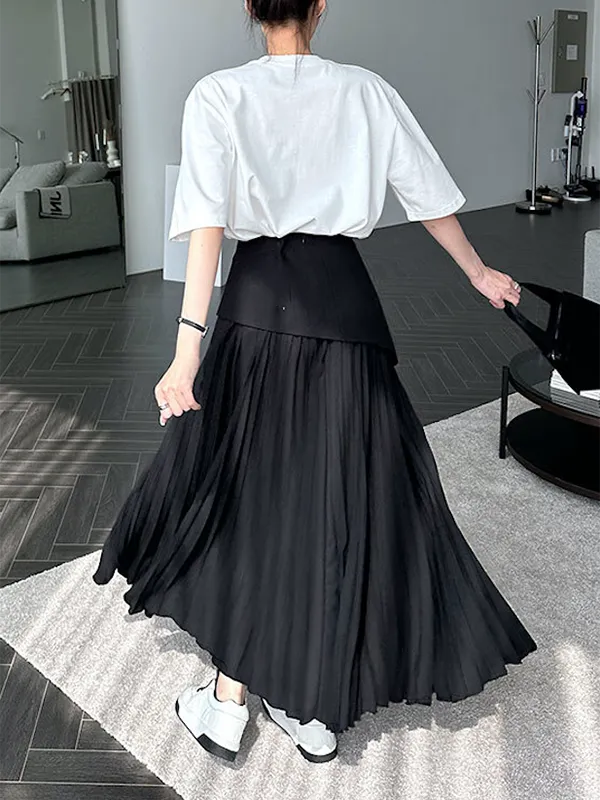 xakxx A-Line Loose Contrast Color Pleated Split-Joint Skirts Bottoms