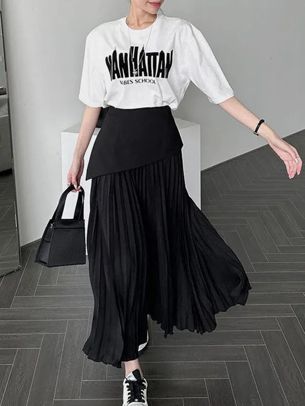 xakxx A-Line Loose Contrast Color Pleated Split-Joint Skirts Bottoms