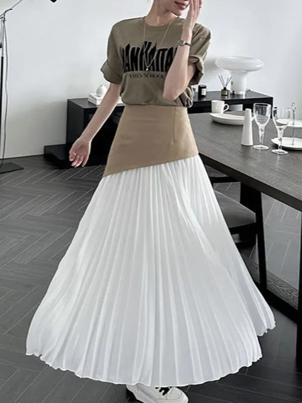 xakxx A-Line Loose Contrast Color Pleated Split-Joint Skirts Bottoms
