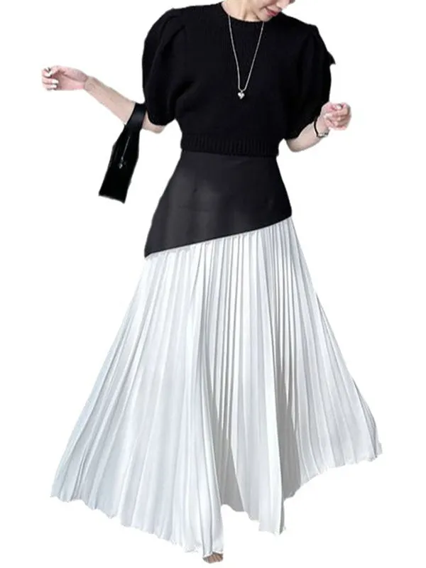 xakxx A-Line Loose Contrast Color Pleated Split-Joint Skirts Bottoms