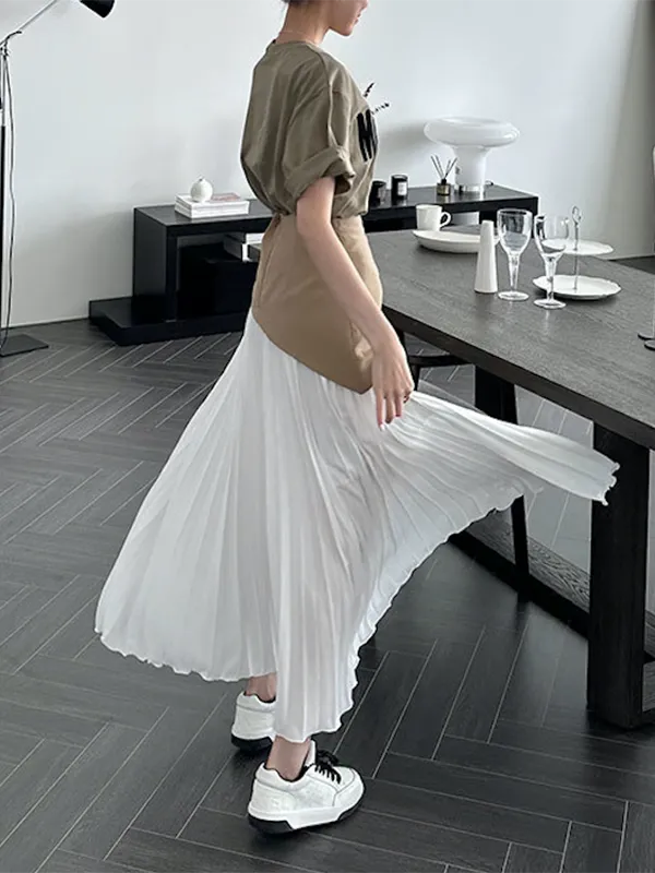 xakxx A-Line Loose Contrast Color Pleated Split-Joint Skirts Bottoms