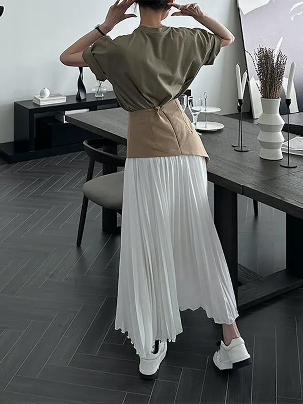 xakxx A-Line Loose Contrast Color Pleated Split-Joint Skirts Bottoms
