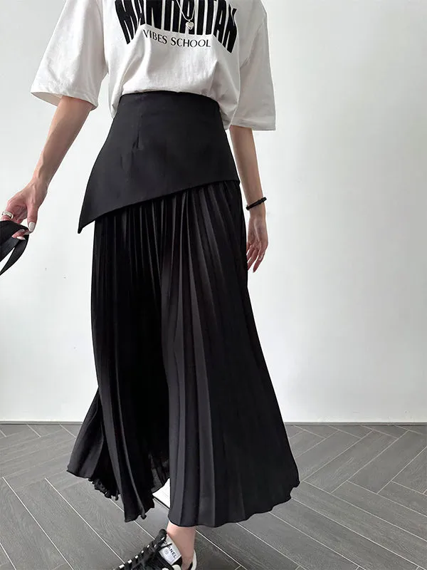 xakxx A-Line Loose Contrast Color Pleated Split-Joint Skirts Bottoms