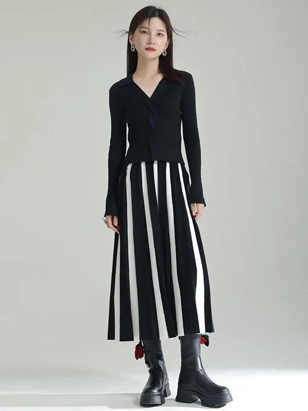 xakxx Original Creation Loose A-Line Contrast Color Striped Skirts Bottoms