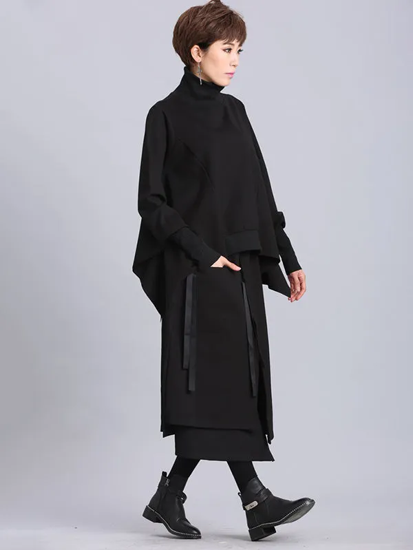 xakxx Raised Bands Split-Joint Asymmetric Black Empire Skirt